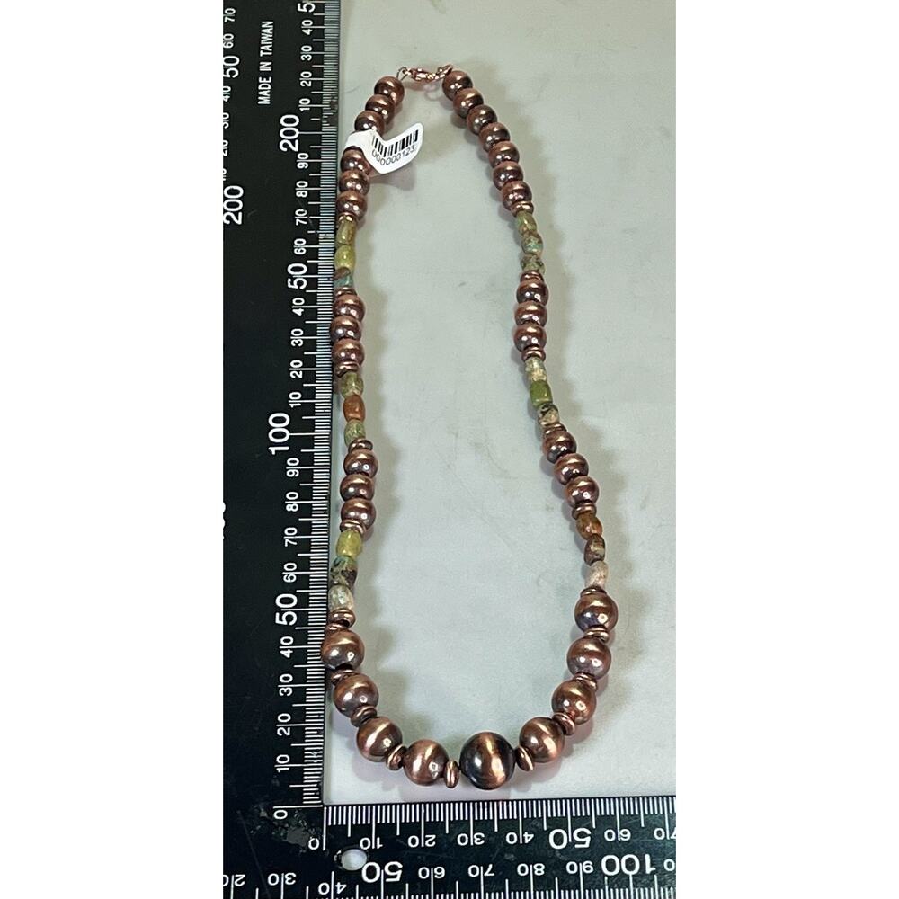 Royston Turquoise Oxidized Copper Desert Pearl 16” Southwestern Beaded Necklace - Picture 12 of 13